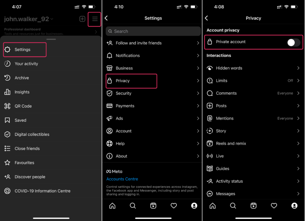 Changing Instagram account privacy