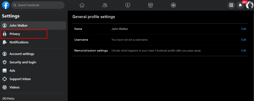general profile settings facebook