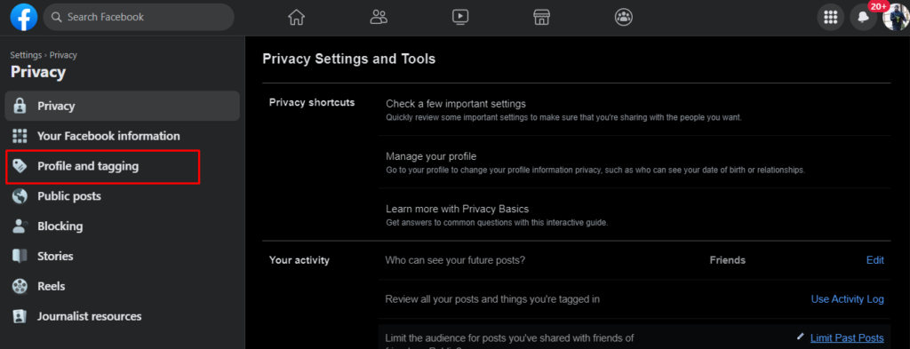Profile and tagging settings in Facebook