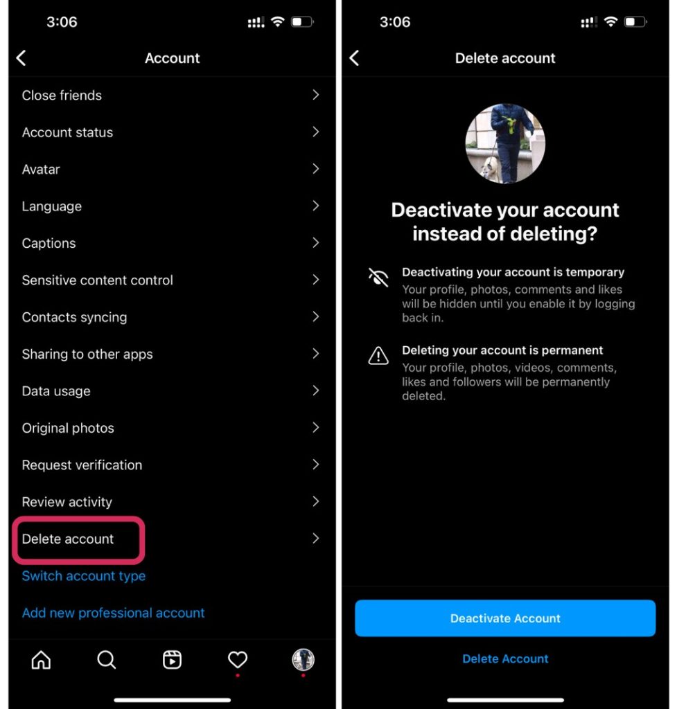 Deactivate Instagram account from app