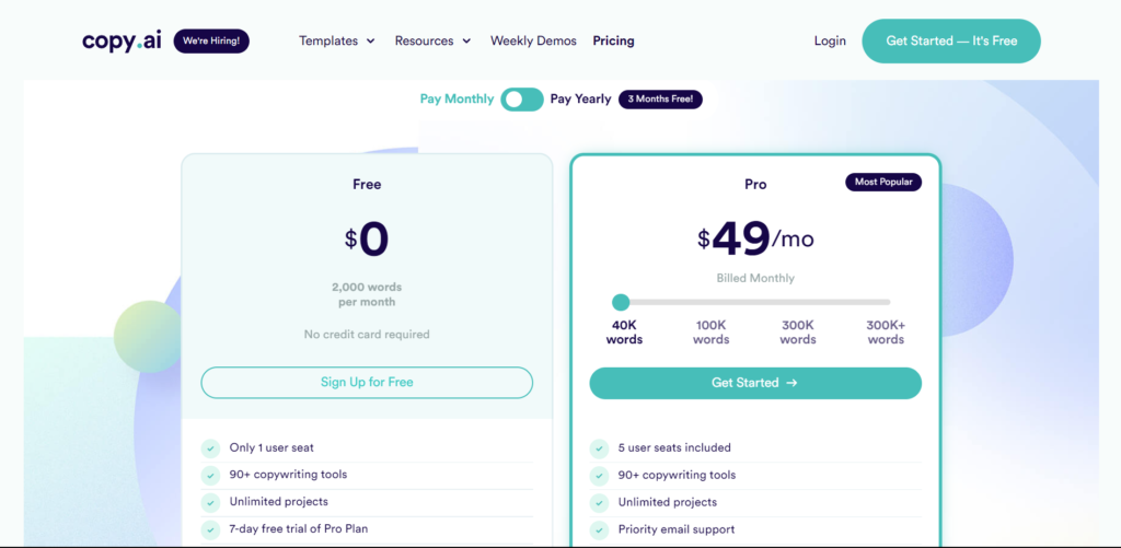 Copy AI vs Jasper: Copy AI Pricing