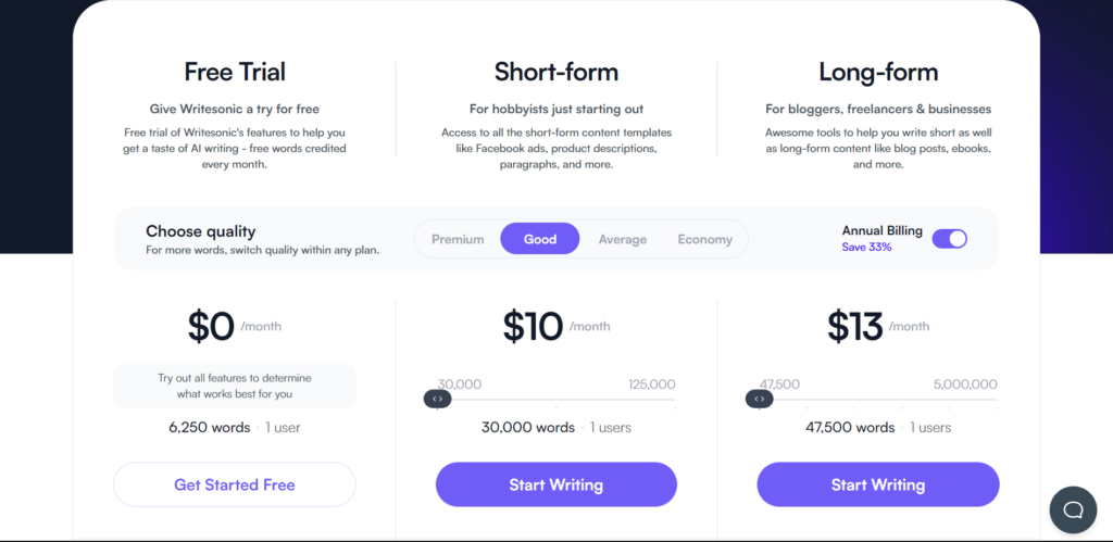 Writesonic Pricing Plans