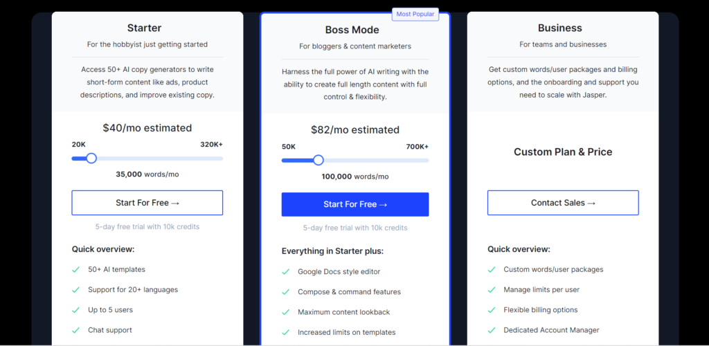 Jasper AI vs Wordkraft AI: Pricing Plans