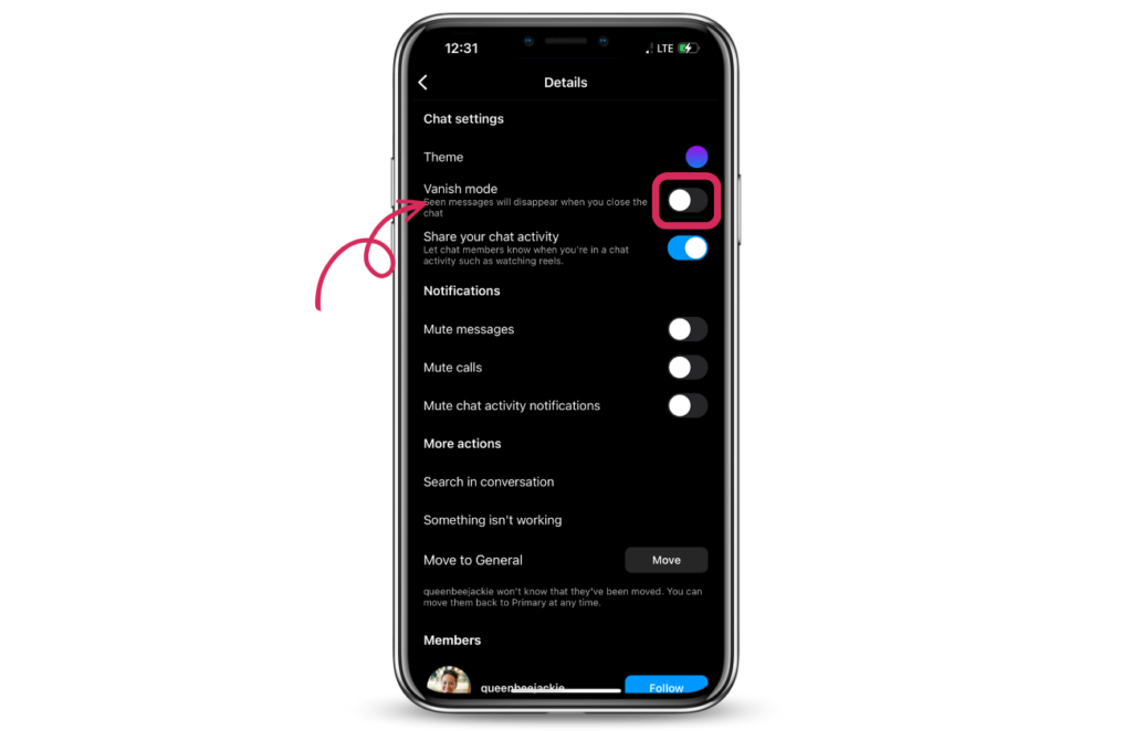 activate vanish mode - delete call history Instagram