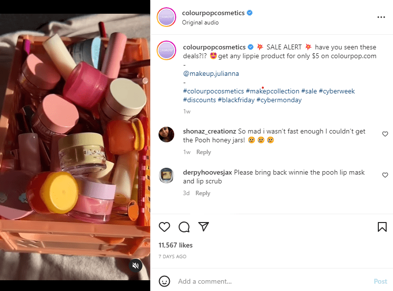 colourPop Instagram post