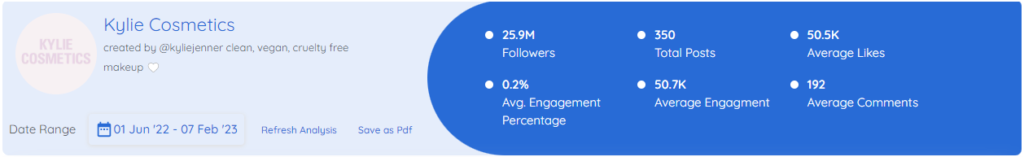 Kylie Cosmetics Instagram statistics