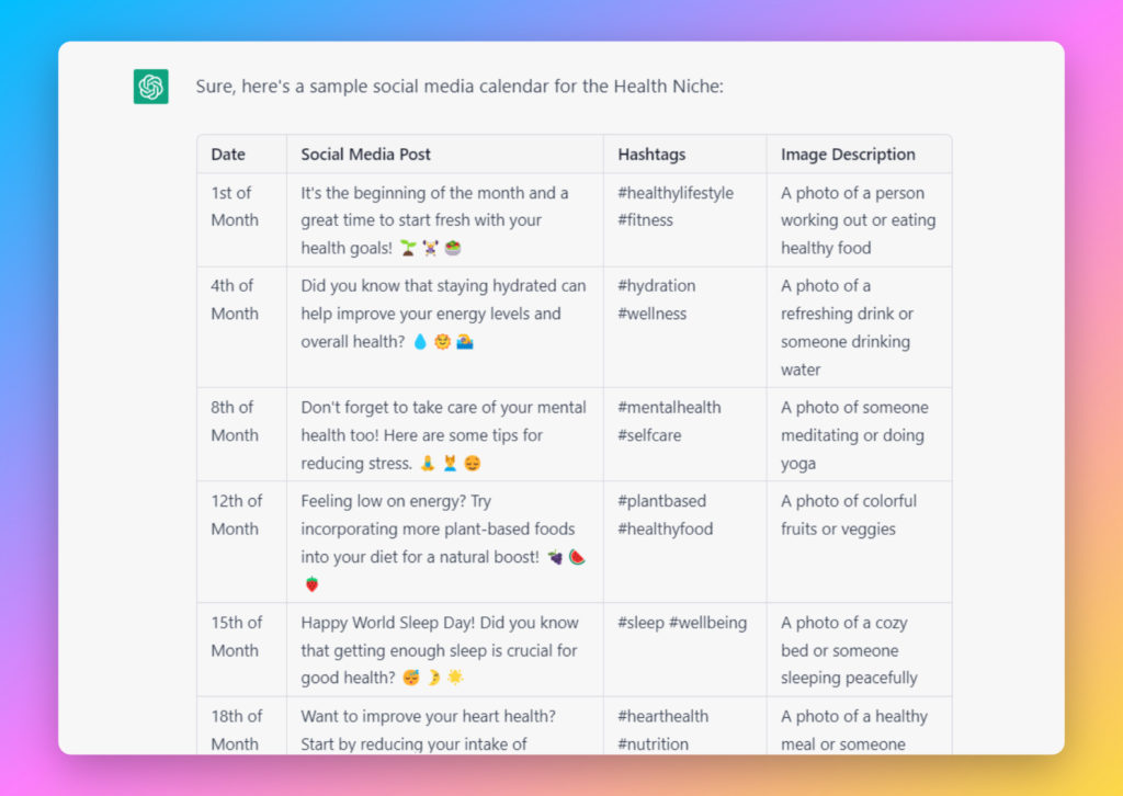 social media content calendar with ChatGPT