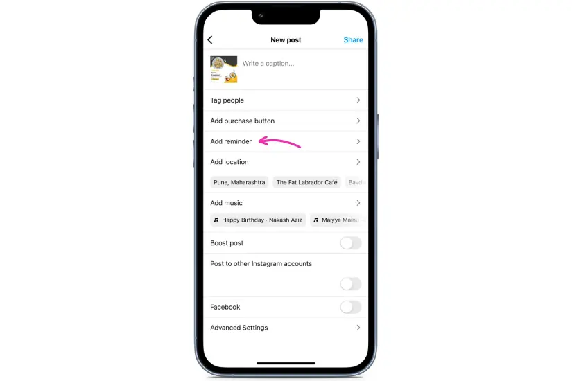 Add reminder to Instagram post