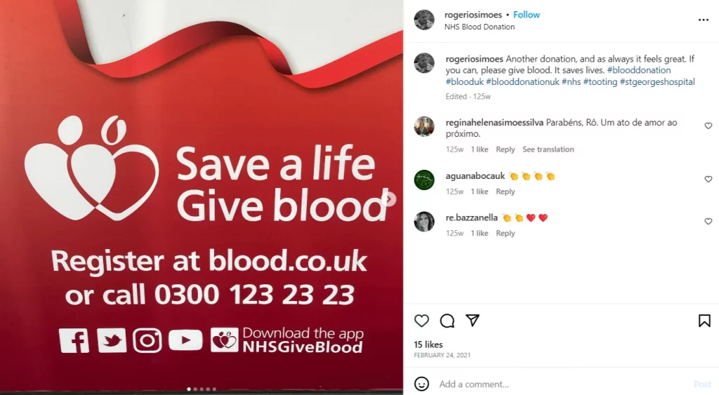 postagem de doação de sangue nas redes sociais