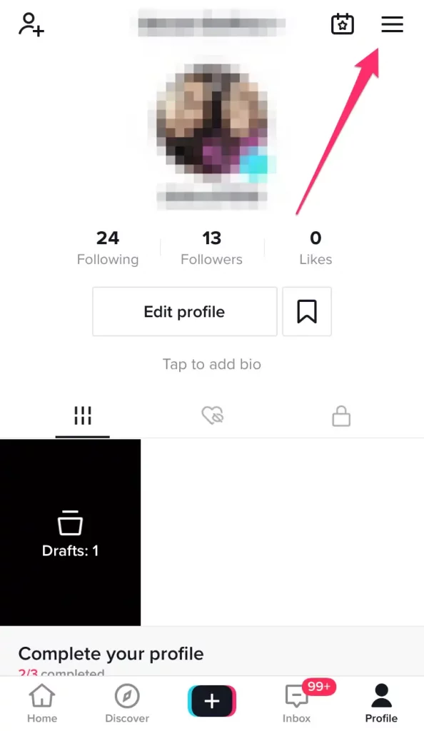 Click on the menu option in tiktok app