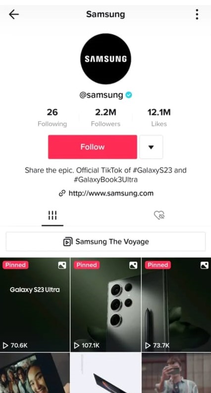 Perfil oficial de TikTok de Samsung