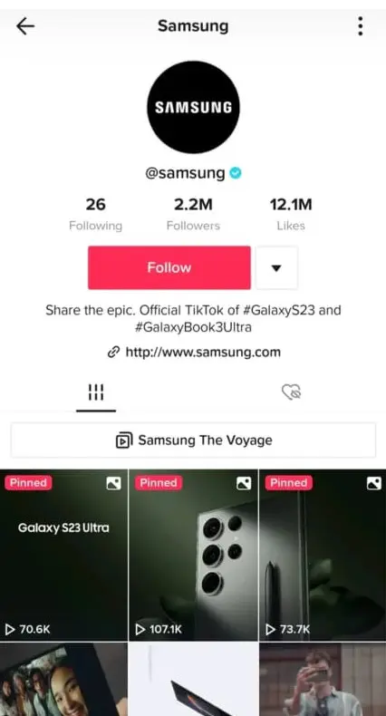 Samsung's official TikTok profile