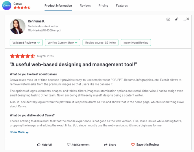 User review of Canva designing tool