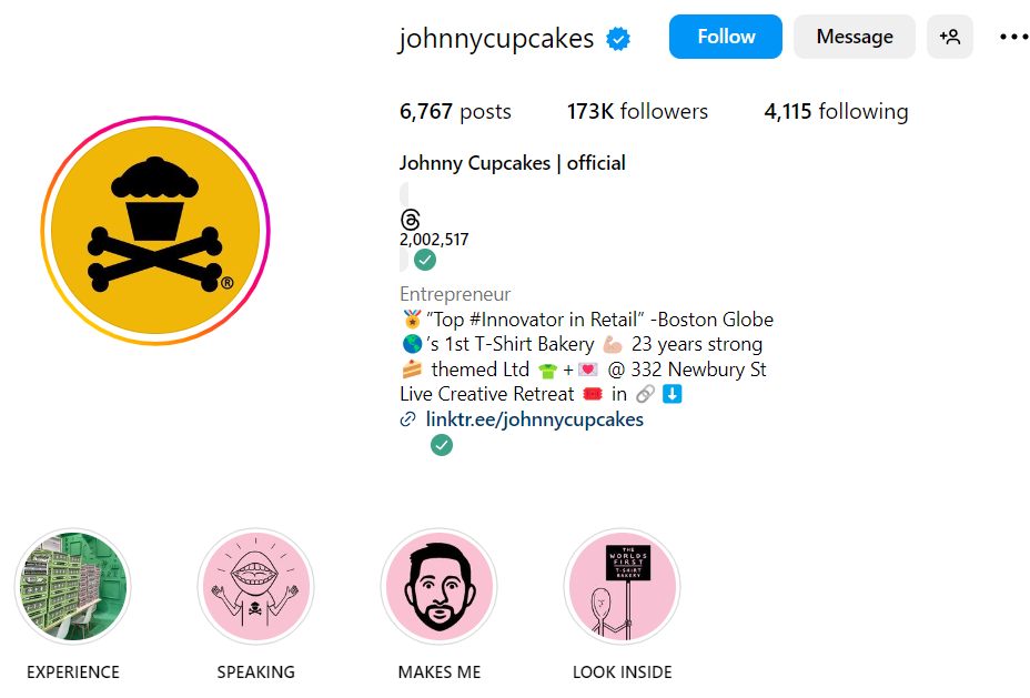 Johnny cupcakes Insta bio