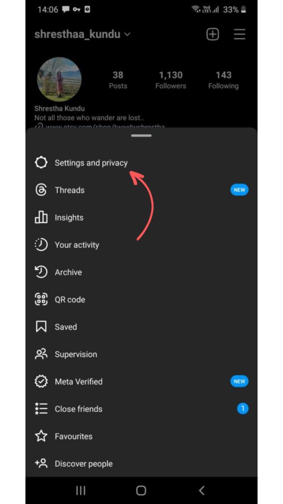 pointing to setting and privacy option