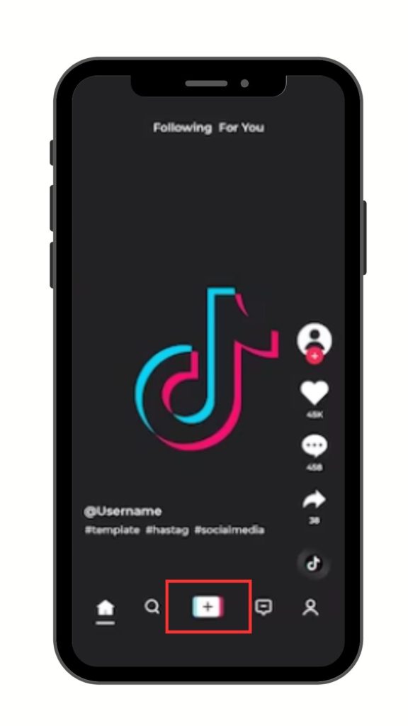 TikTok home page showing the "+" icon