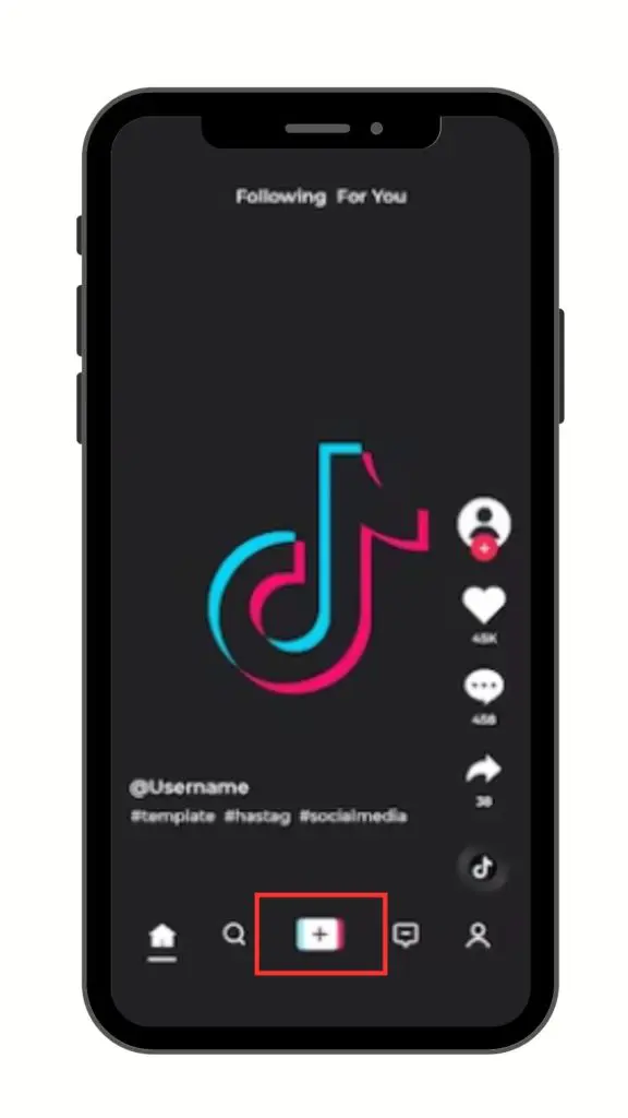 TikTok home page showing the "+" icon
