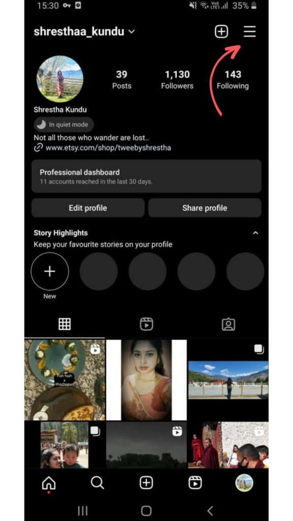 Instagram menu icon from profile