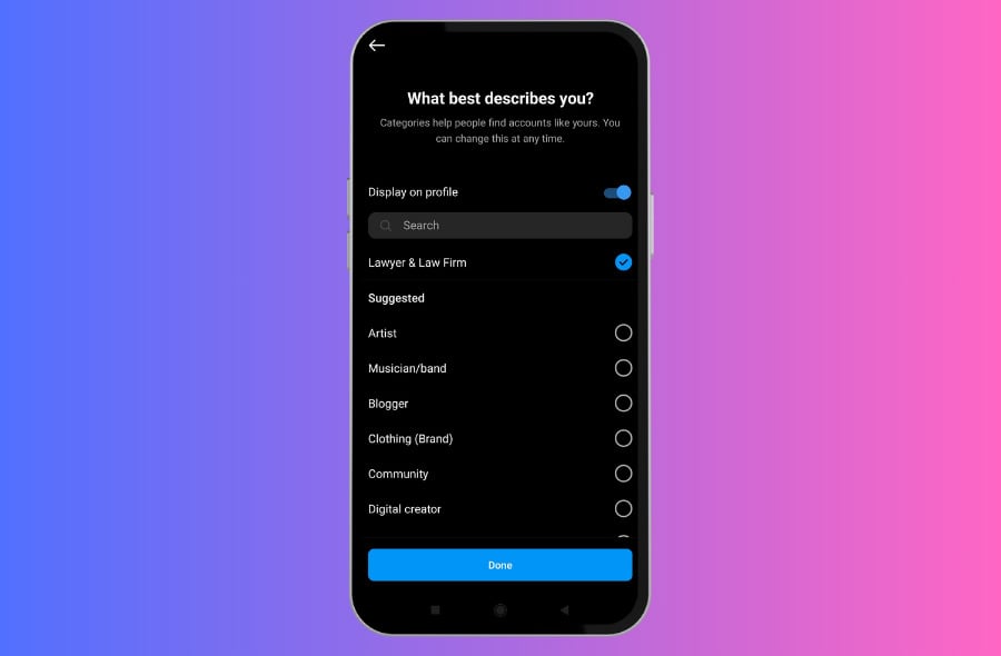 Select 'Lawyer & Law Firm' on Instagram