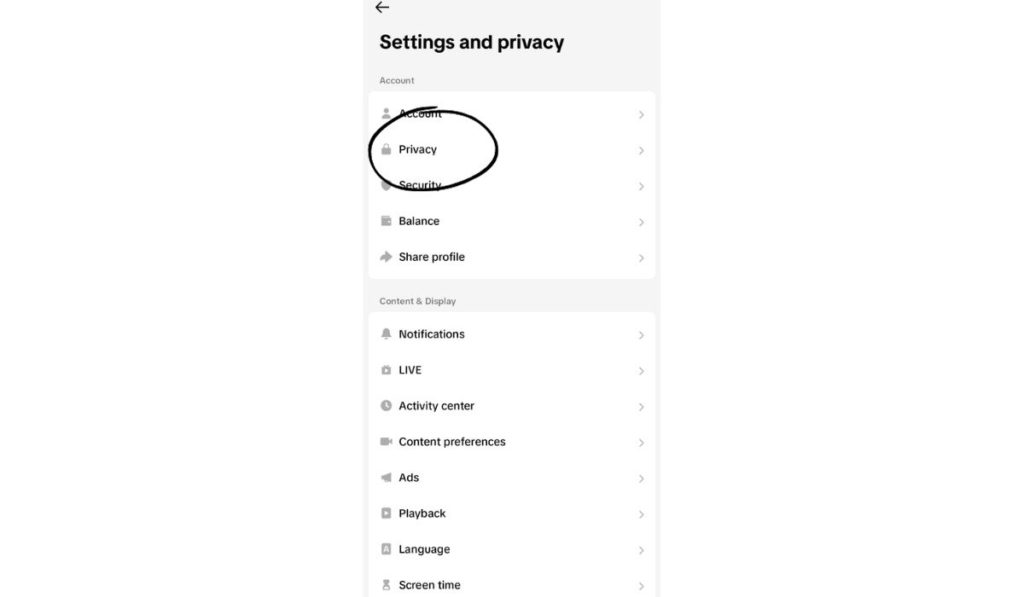 Opción de privacidad en TikTok