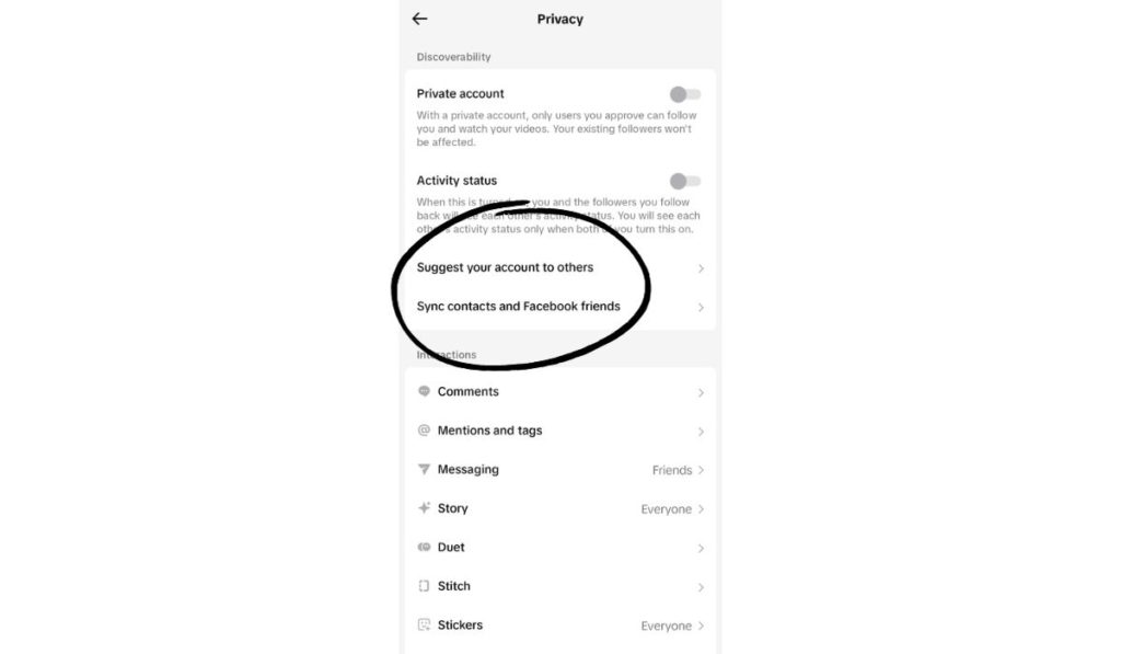 TikTok'ta hesap önerin ve kişileri senkronize edin seçenekleri