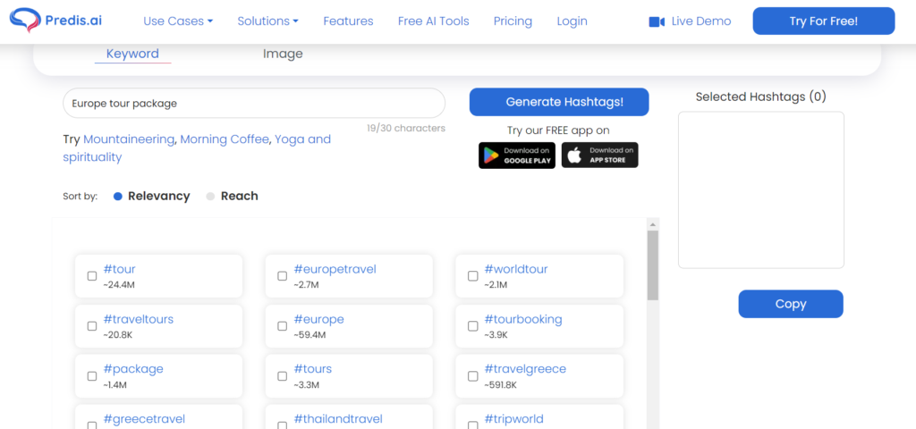 Free hashtag generator tool by Predis.ai searching "Europe tour package"