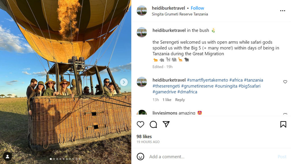 heidiburketravel Instagram post mentioning SmartFlyer's branded hashtag