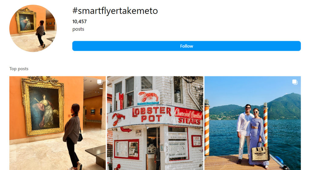 Seaching by #smartflyertakemeto on Instagram and it showing result of 10457 posts are there with the hashtag.