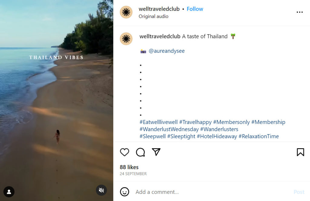 welltravelledclub Instagram post adding hashtags further down in the caption.
