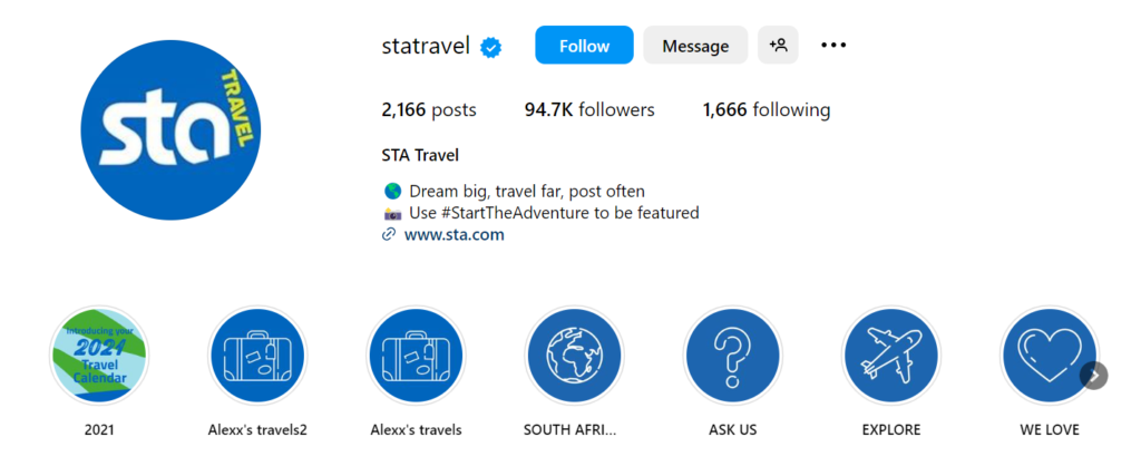 Sta travel Instagram bio showcasing their branded hashtag