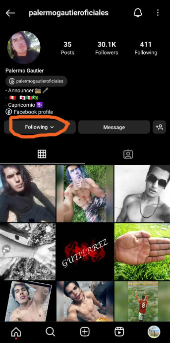 Highlighting the "Following" option of an Instagram follower