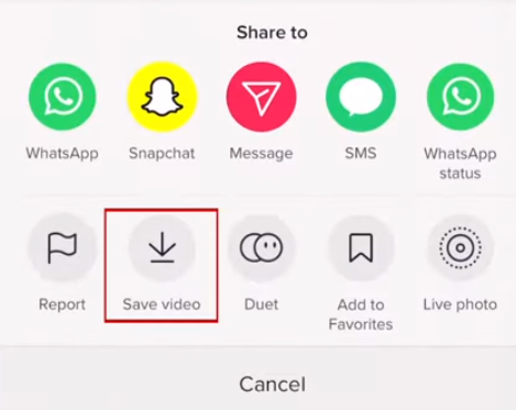 Highlighting "Save video" option among all TikTok video sharing options .