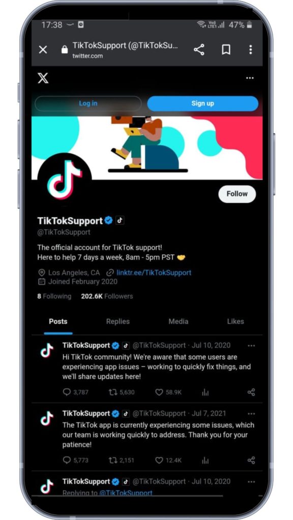 TikTok support page in Twitter