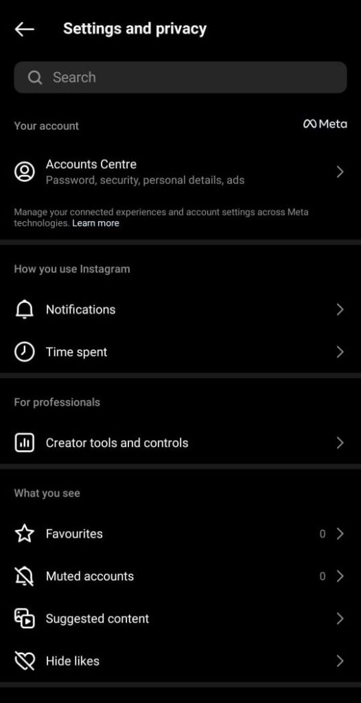 Instagram Setting and privacy menu
