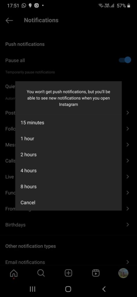 opțiunea de notificare push pe Instagram