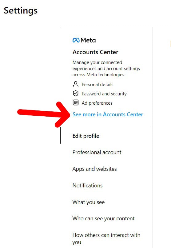 Finding 'Accounts Center' option for Changing Email on Instagram from Desktop