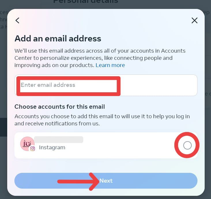 Providing new 'Email Address' for changing Email on Instagram from Desktop 