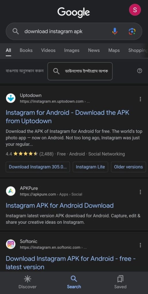 Google search for Instagram APK download