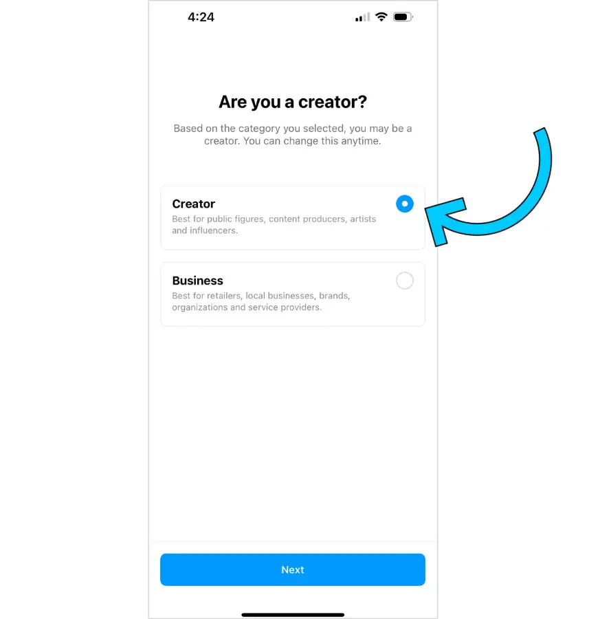 Create a creator account on instagram