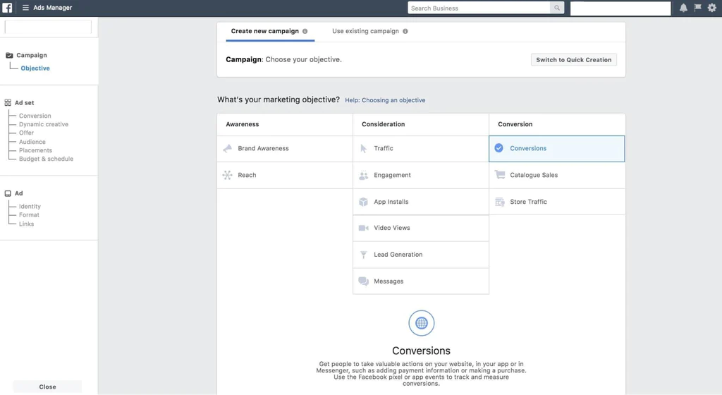 Choose your Facebook campaign objective