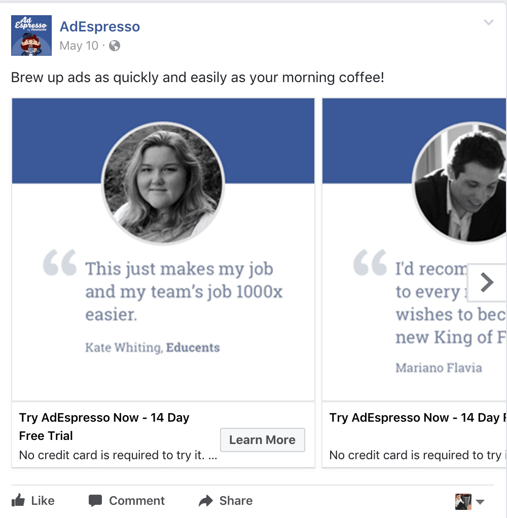 Testimonial and reviews Facebook ad