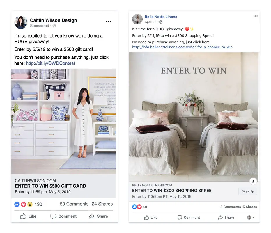 Contests or giveaways Facebook ad