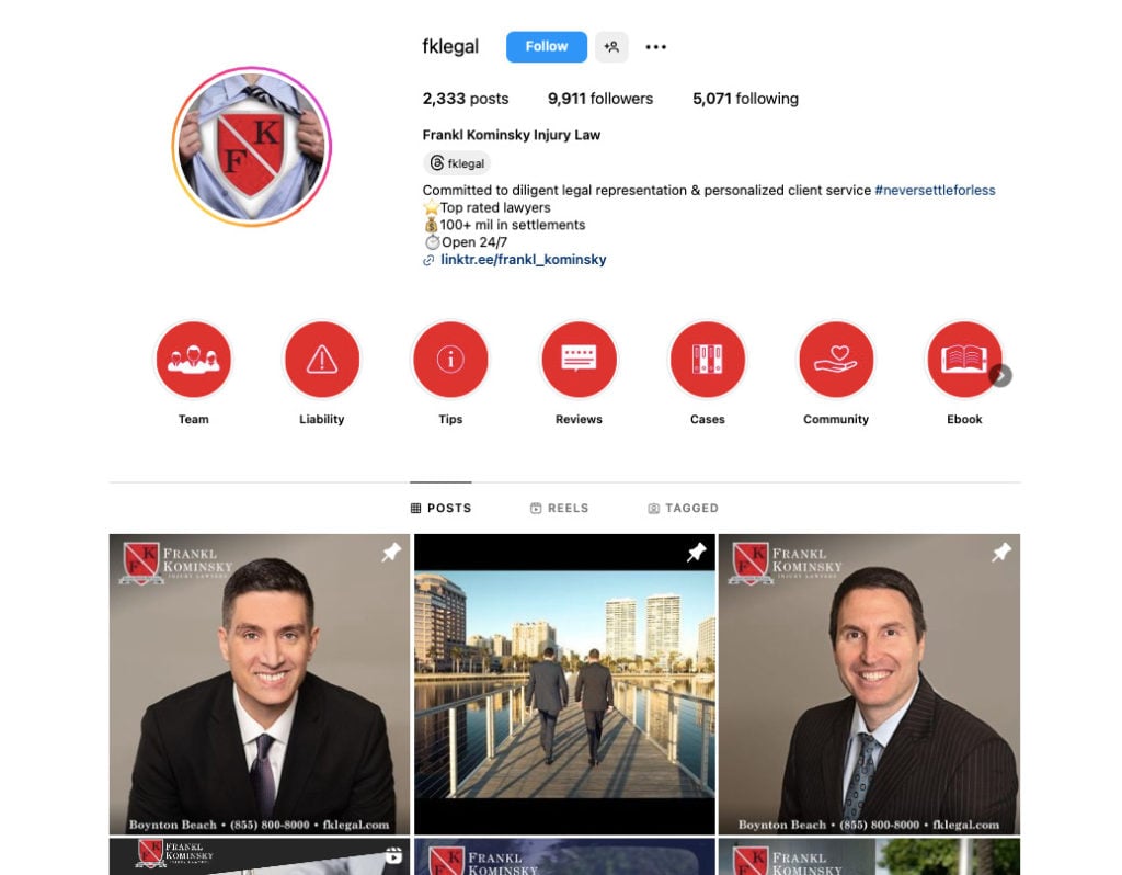 Frankl Kominski Injury Law Instagram account