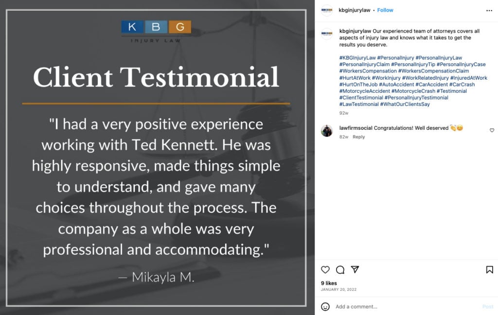 Client reviews and testimonials on Instagram by law firms