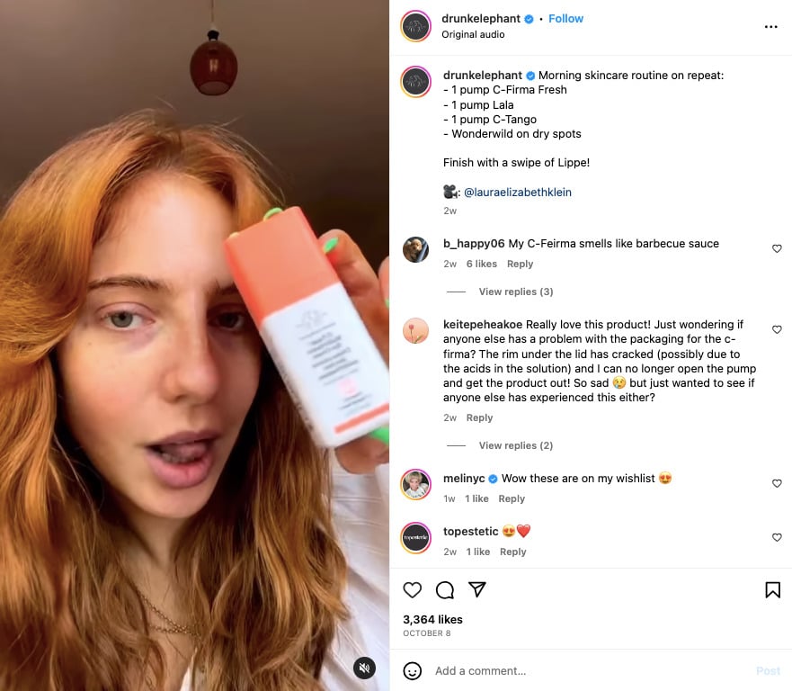 Drunk Elephant's User Generated Content post