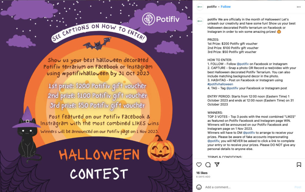 Post su Instagram del Concorso di Halloween