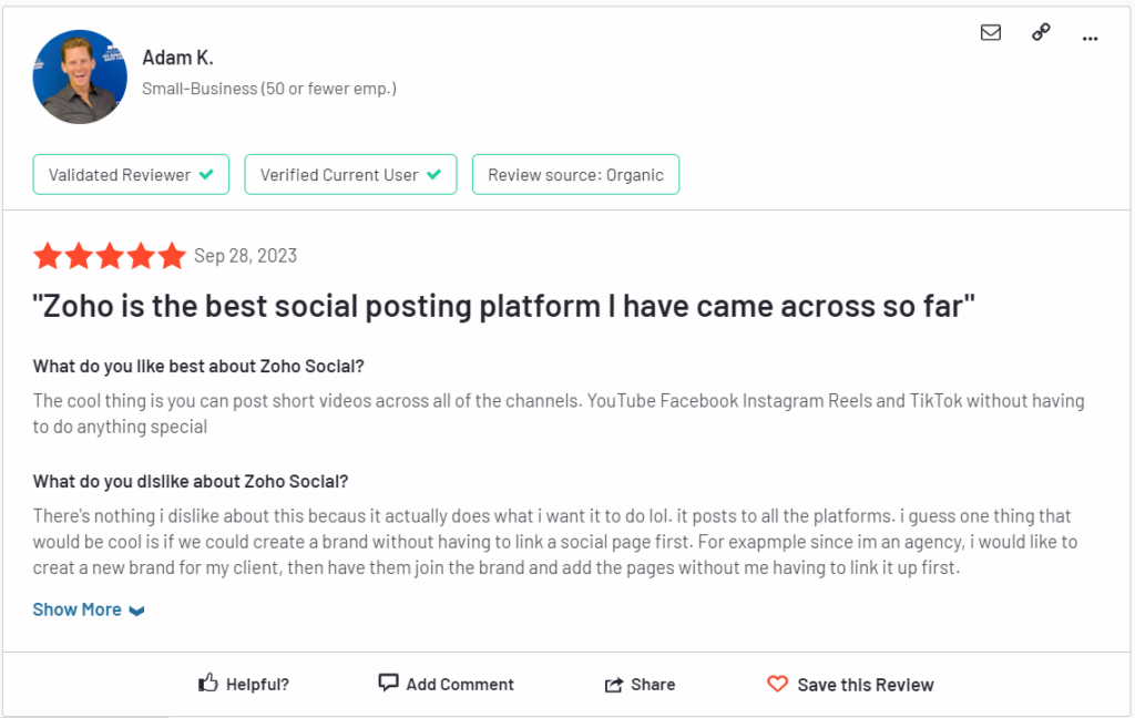 Zoho Social user reviews