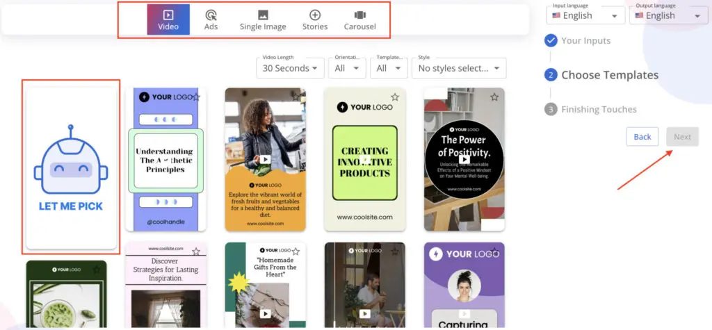 sélectionnez le format et le modèle
