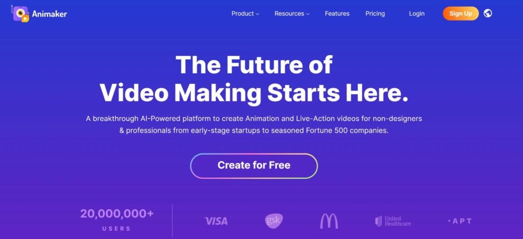 Halaman beranda pembuat video Animaker