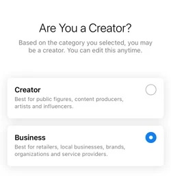 Selecting Creator or Business Category for your profile